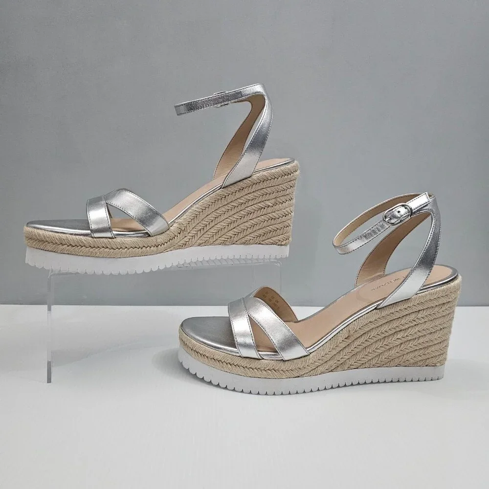 Stuart Weitzman Catalina Espadrille Wedge Sandal Size 10 Silver Leather Platform - Picture 2 of 16